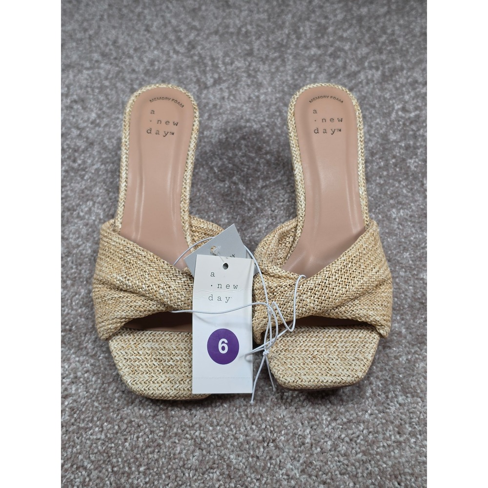 A New Day Amal Natural Raffia Wedge Sandals Knotted Square Toe Mules Tan Size 6